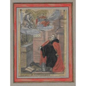 Michiel Bünel - S. Augustinus (saint Augustine). Large 17th Century Pious Image On Vellum Skin