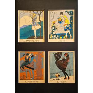 Paul Allier "four Seasons" Complete Set Of 4 Art Deco Stencils Ca 1925