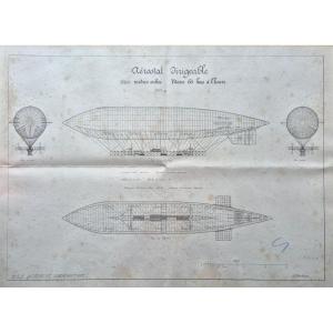A. Mourthaux – Dirigible Aerostat - Large Original Technical Drawing In Projection Ca 1920