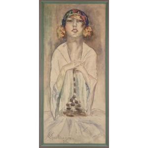 Guillaume "elegant With A Kerchief" Large Art Deco Watercolor Signed And Dated 1920, Framed