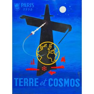 "earth And Cosmos" Original Gouache Paris 1958 Poster Project 80 X 60 Cm