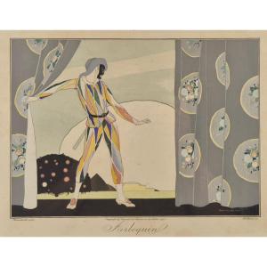 Umberto Brunelleschi "harlequin" Large Art Deco Stencil Original 1914 Framed Commedia Dell'arte