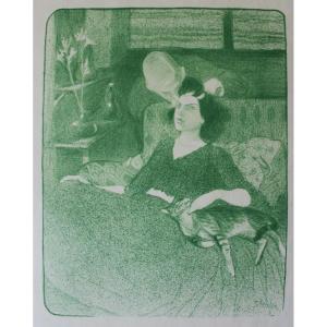 T.-a. Steinlen "volupté" Couple & Cats - Original Japanese Litho Test Proof Printed In Green