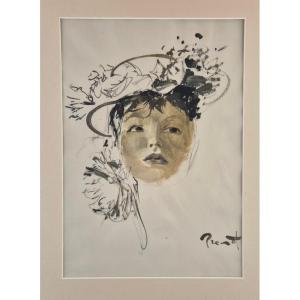 Pierre-laurent Brenot "woman's Face" Original Ink And Gouache, Signed, 42 X 29.5 Cm