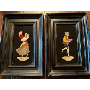 Pair Of Decorative Panels In Hard Stone Marquetry