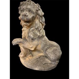 Pair Of Outdoor Lions Made Of Reconstituted Stone 