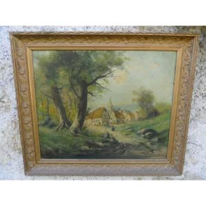 Oil On Canvas Village Entrance 19th Century