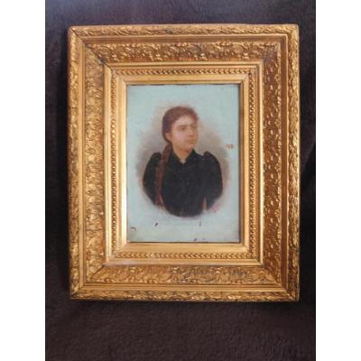 Portrait Oil On Cardboard Late 19th