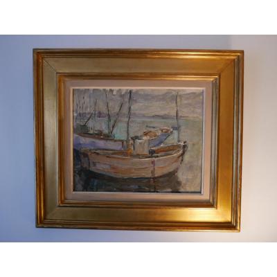 Oil On Panel Fishing Boat In Port 20th
