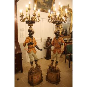 Two Nubian Door Torchieres In Polychrome Carved Wood And Gilded Stucco, Venetian Work