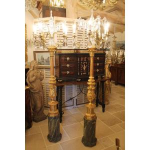 Pair Of Torcheres In Painted And Gilded Carved Wood, Late Nineteenth Century