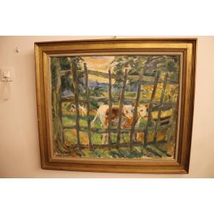 René Levrel - Young Calves In The Meadow, Oil On Canvas