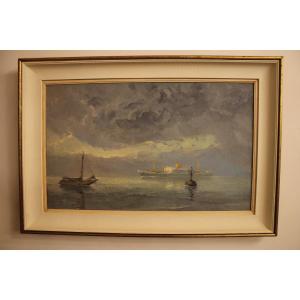 Royon Louis (1882-1968) Cargo And Sailboat Near The Buoy