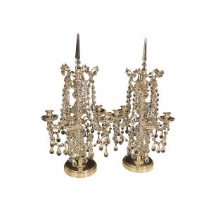 Baccarat - Pair Of Silvered Bronze And Crystal Girandoles, Late 19th Century