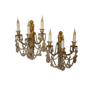 Pair Of Bronze And Crystal Wall Sconces Depicting A Satyr With A Trumpet, Napoleon III Period