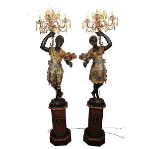 Couple Of Nubians Carrying Torches, Venice Late 19th Century
