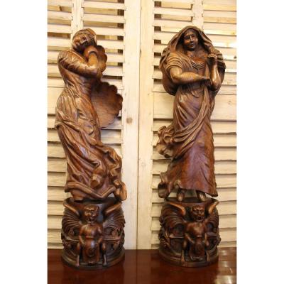 Pair Of Oak Sculptures, Seasons Allegories
