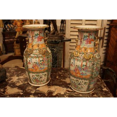 China Canton, Pair Of Vases Porcelain End Nineteenth Century