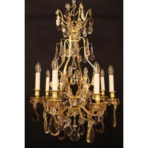 Cage Chandelier With 8 Lights In Bronze And Crystal, Attributed To Baguès, Circa 1900