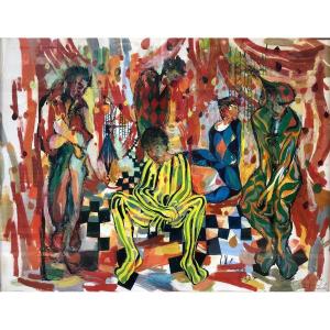 Michel Uhlrich (1937-2016) - Clowns And Harlequins At The Circus - Dated 1960 - Oil On Cardboard