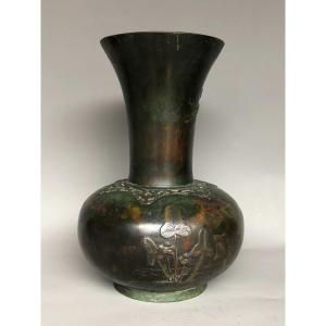 Japanese Bronze Vase - Late 19th Century - Decor Of Plants And Cranes