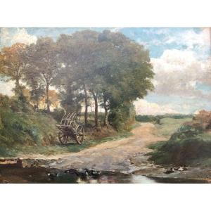 Guillaume Edouard Dubufe (1853-1909) - Oil On Wood - Landscape With Cart And Ducks