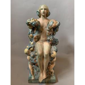 Enamelled Sandstone Sculpture - First Part Of The 20th Century