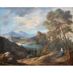 Oil On Canvas 19th Century - Landscape With Sea, Mountains And Character