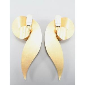 Pair Of Gold Metal Wall Lights - 80s - Banci Italy 