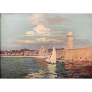 François Reynaud (1825-1909) - View Of Fort Saint-jean In Marseille - Oil On Wood