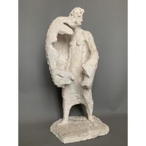 Plaster Sculpture – Nude Woman In A Coat – Signed Paolini – 1950s