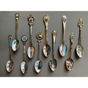 Set Of 10 Silver And Enamel Spoons – City Souvenirs – Late 19th / Early 20th Century