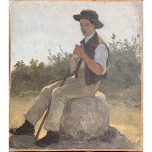 Young Boy Sitting In A Landscape – Oil On Paper – 19th Century