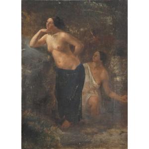 Oil On Canvas – Allegorical Scene With Two Female Figures – Late 19th Century 