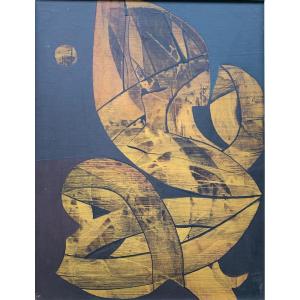 Abstract Composition – Oil On Cardboard – Monogram Gk – 1971