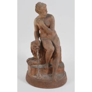 Terracotta Sculpture – Nude Woman At The Fountain – Dated 1881 – Monogram Jh