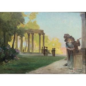 Elegant Park Scene - Oil On Cardboard - Dated 1913 - French School