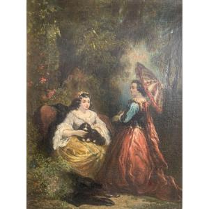 Elegant Gallant Scene In A Park - Oil On Canvas - Taste Of Diaz De La Peña - Late 19th Century