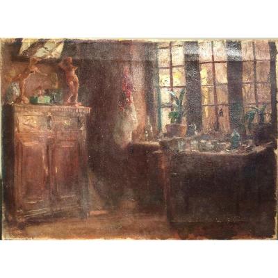 Oil On Canvas Late XIX Inner Living Room Or Workshop In Sculptures And Plants