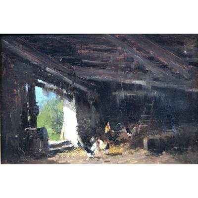 Oil On Canvas XIXth - Low Court Rooster And Hens - Signed