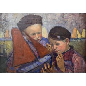 Augustin Hanicotte - Children With A Boat - Oil On Panel