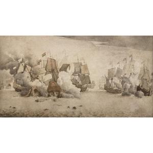 Willem Van De Velde II (attributed To) Naval Battle Large Drawing