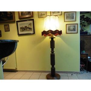 Large Old Floor Lamp In Solid Walnut And Lampshade Early 20th Century