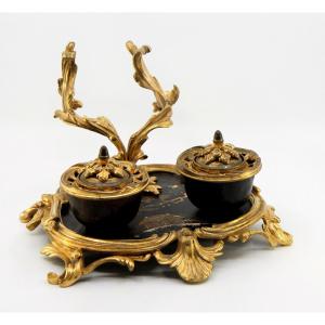 Louis XV Style Inkstand, Lacquer And Gilt Bronze, By Maison Millet In Paris, Circa 1880