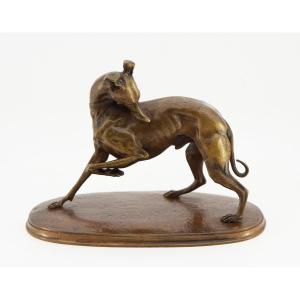 After Alfred Barye (1839-1882), Greyhound With Raised Paw, Unsigned Bronze 