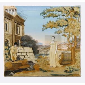 Needle Painting, Embroidery On Painted Silk - Very Beautiful Composition - Switzerland, Circa 1800