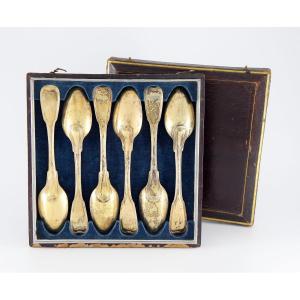 Set Of Six Silver-gilt Spoons, Strasbourg Circa 1760 - In A Later German Case