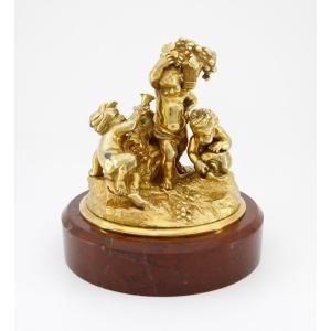 Amours Vendangeurs - Gilded Bronze Group On Griotte Marble, Attributed To Raingo - Paris, 1860