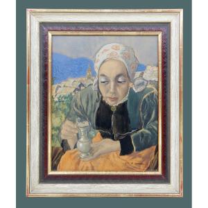 Charles Clos Olsommer (1883-1966), Valais Woman With A Cane, Mixed Technique On Paper, Ca 1930