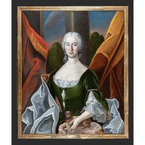Portrait Of Charlotte Nicaty And Her Pug - Oil On Canvas By Steudlin, Switzerland, 1751